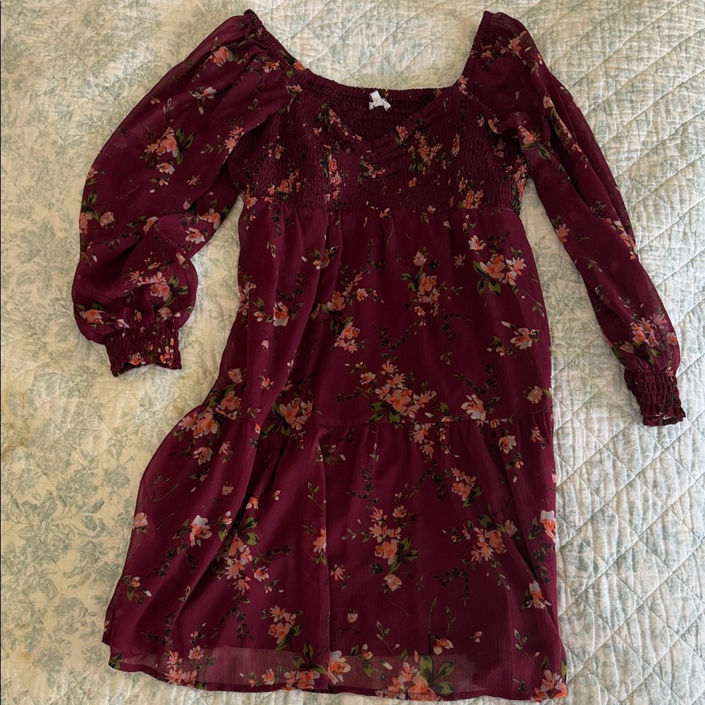 Maurices Burgundy Floral Long Sleeve Dress